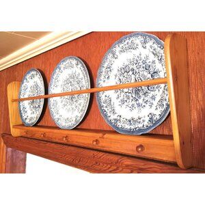 Set of 3 J&G Meakin Avondale Ironstone Plates w/ Vintage Solid Wood Display Rack